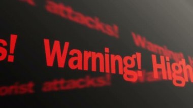 Uyarı, yüksek terörist saldırıları riskini. LED oturum üzerinde çalışan kırmızı güvenlik metin
