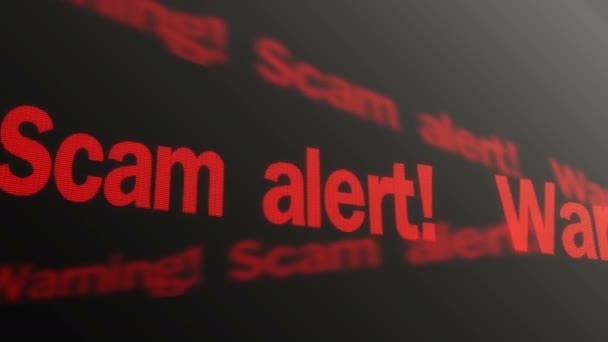 Aviso, scam texto de alerta em execução na tela do PC. Prevenção de roubo de dados, segurança — Vídeo de Stock