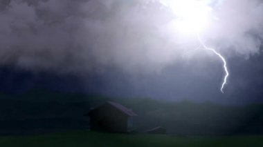 Grev vadi evde yalnız ülke, fırtına ses ile yukarıda büyük yıldırım cıvata. Işık yanıp söner karanlık gökyüzü, bulutlar rüzgarda aydınlatmak. Felaket fırtına çiftçilere ev ciddi hasara neden olur