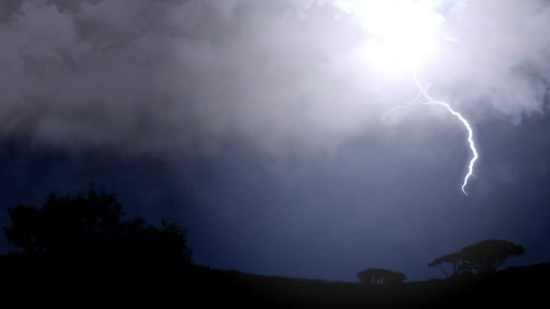 Lightning bolts illuminate night sky, heavy rain and loud thunderstorm sounds. Electric firebolts strike from clouds to ground in desert countryside. Person having bad dream premonition or nightmare — Stock Video