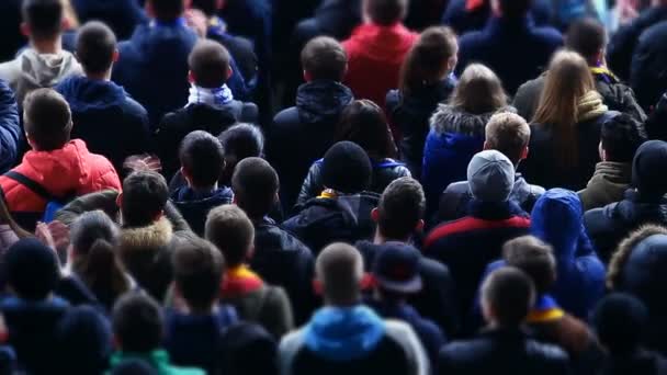 Grupp människor tittar på fotbollsmatch på stadium, fans stödja sitt lag — Stockvideo