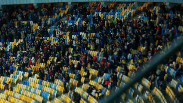 Tifosi soddisfatti guardando la partita di calcio, cantando slogan, agitando le mani a sostegno — Video Stock