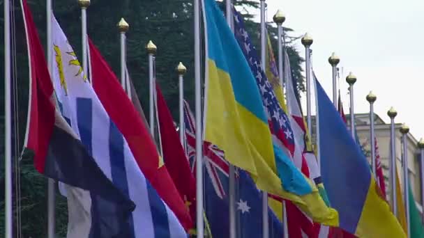 Bandeiras nacionais dos participantes na cimeira, parceiros estratégicos, relações diplomáticas — Vídeo de Stock