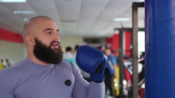 Güçlü erkek boxer yumruk torbası, active sporcu spor salonunda pratik ile fikir tartışması — Stok video