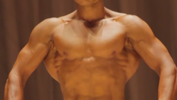 男性健美运动员显示体质在前面的拉差传播姿势，肌肉躯干 — 图库视频影像
