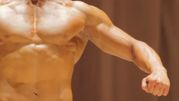 Ισχυρός άνθρωπος με ισχυρά αρσενικά μπράτσα και μυϊκό κορμό, διαγωνισμός bodybuilding — Αρχείο Βίντεο