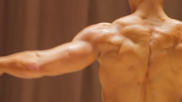 Back View of man med stark muskulös tillbaka, bodybuilder visar maskulina makt — Stockvideo