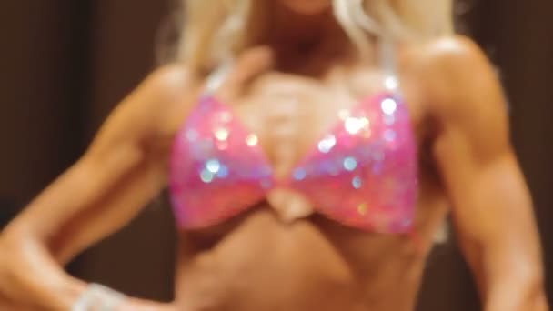 Gorgeous blonde posing in bikini, demonstrating feminine body, beauty contest — Stock Video