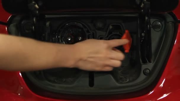 Hand shutting electric vehicle sockets, alternative energy sources, innovations — Stock Video