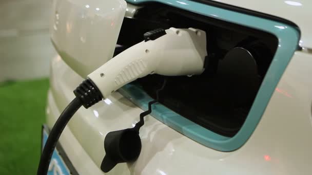 Electric vehicle plugged-in at recharging station, plug connected to car socket — Stock Video