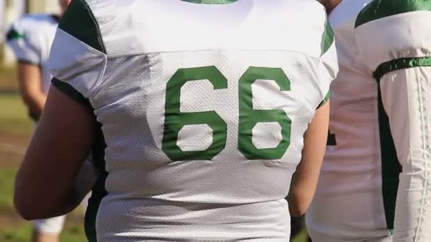 Male football players discussing game strategy before important match, back view — Stock Video