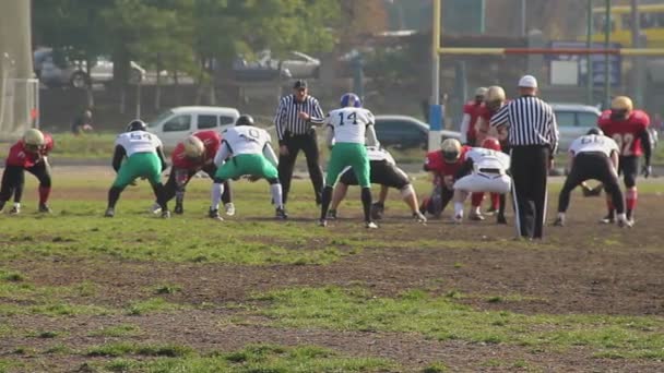 Amateur American football spelers nemen posities voordat module, actieve teamwerk — Stockvideo