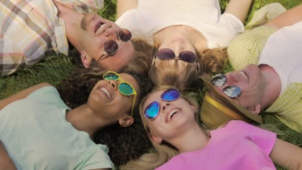 Multiethnic group of friends relaxing on grass in park, laughing, having fun — Stock Video