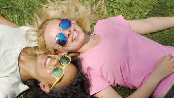 Szép többnemzetiségű lányok selfie a smartphone, pihentető a gyep a parkban — Stock videók