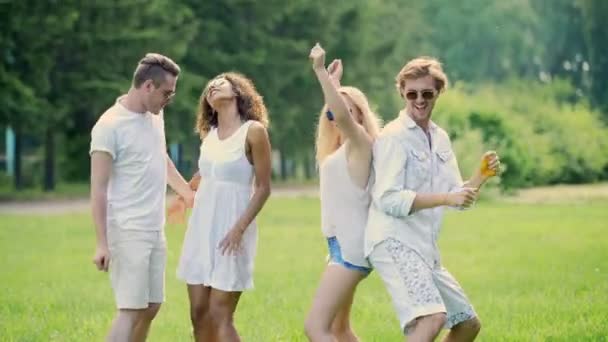 Twee leuke koppels opknoping uit bij openlucht festival, dansen op muziek, plezier — Stockvideo