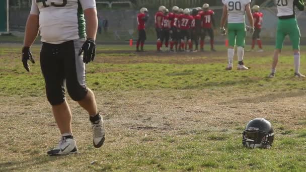 Jugadores de fútbol de pie en círculo en el terreno de juego y discutir la estrategia de juego — Vídeo de stock