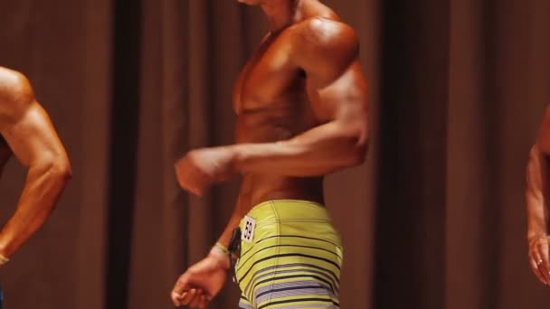 Mannelijke bodybuilding modellen poseren op de camera en toont geript van spieren, sport — Stockvideo