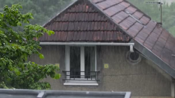 Pioggia primaverile nel villaggio, tempo nuvoloso, gocce di pioggia che cadono a terra — Video Stock