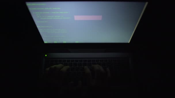 Computadora hacker escribiendo texto en el teclado por la noche, acceso concedido, violación del sistema — Vídeo de stock