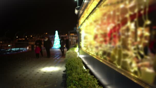 Birçok kişi akşam walk, zevk ışıklı kafede, Noel yemeği — Stok video