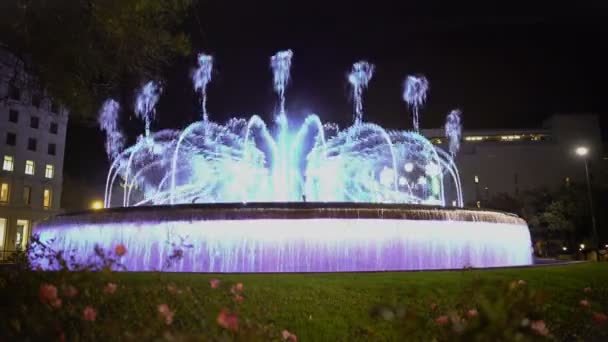 幻想的な噴水ショー、照らされた水が流れ夜音楽に移動 — ストック動画