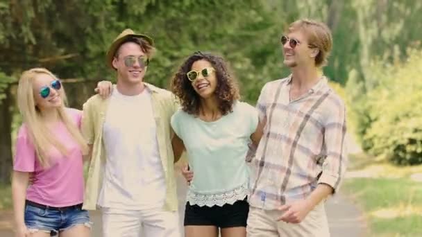 Grupp vänner sjunger och dansar på open-air festivalen, ha kul i parken — Stockvideo