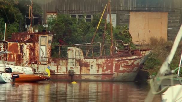 Rusty ship in harbor — Stock Video