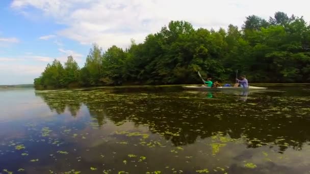 Туристы спускаются на байдарках по реке — стоковое видео