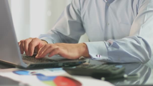 Empresário trabalhando no laptop, calculando dados para relatório fiscal — Vídeo de Stock