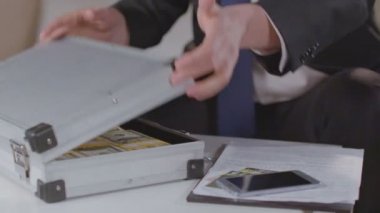 İşadamı Doları bohça--dan evrak çantası, bir sürü para dışarı alır