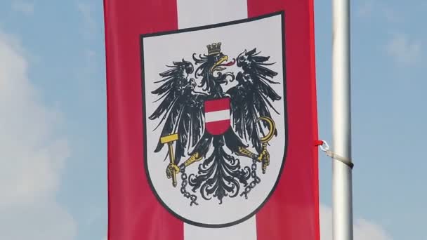 Österreichische Flagge mit Wappen im Wind, Himmelshintergrund — Stockvideo
