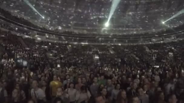 Illumination Spots Moving On Ceiling Light Flashing Crowd Enjoying Concert