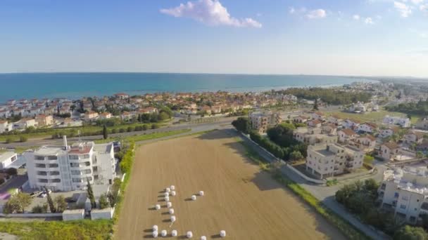 Luchtfoto van luxe villa's langs de kustlijn. Blauwe hemel, zonnige dag, zomer resort — Stockvideo