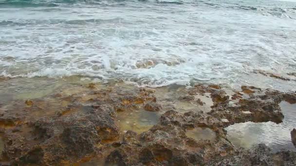 Klidný vlny šplouchat na skalnaté pobřeží, pláž, krásnou přírodu, romantické nálady — Stock video