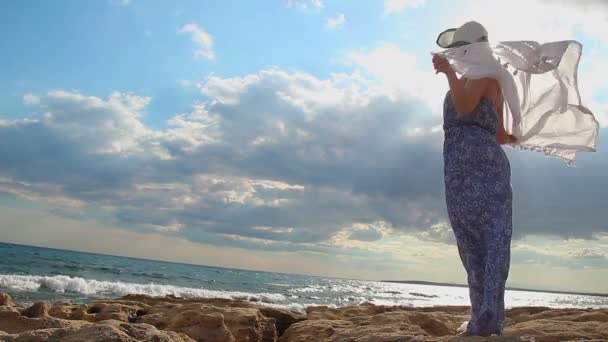 Romantische vrouwelijke silhouet op zonnige strand, tedere vrouwelijkheid image, wind waait — Stockvideo