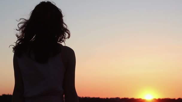 Молода жінка дивиться на дивовижний помаранчевий захід сонця на горизонті, думаючи про майбутнє — стокове відео
