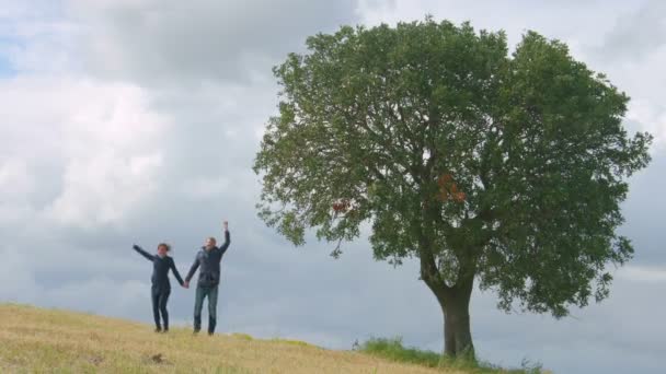 Jovens felizes fazendo dança louca, pulando no campo, beijando, de mãos dadas — Vídeo de Stock