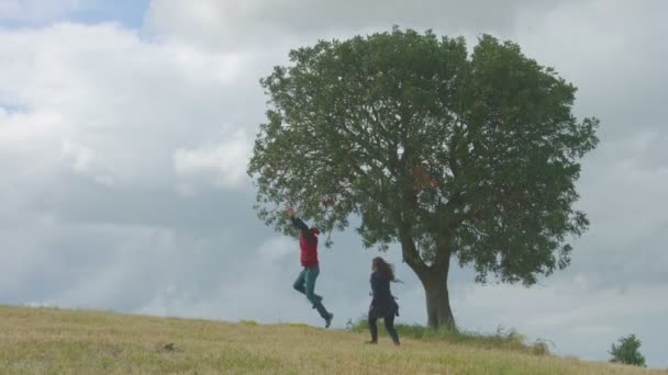 Emocionados jóvenes corriendo juntos en el campo, tomados de la mano, bailando, saltando — Vídeos de Stock