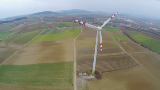 Turbina eólica giratoria en tierras de cultivo. Energías alternativas, renovables. Vista aérea — Vídeos de Stock