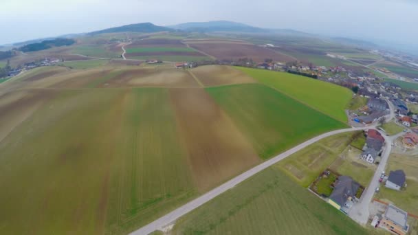 Fliegen über bestellte Felder, grüne Weiden, Ackerland. Agrarindustrie — Stockvideo