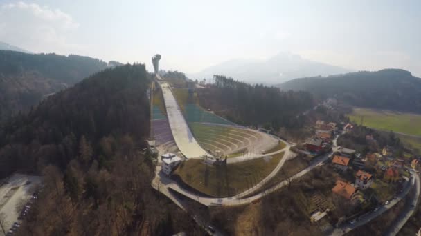 Aerial view of Austrian Bergisel ski jump training center, Olympics, off-season — Stock Video