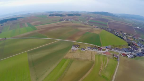 Vista de helicóptero de terras agrícolas verdes e casas no campo. Domínios agrícolas — Vídeo de Stock