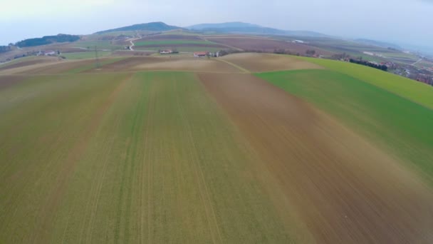 Vista aérea del hermoso paisaje verde con campos cultivados y tierras de cultivo — Vídeos de Stock