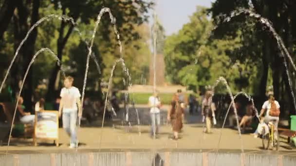 Люди отдыхают в летнем парке — стоковое видео