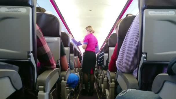 Stewardess op het werk, lopen door gangpad tussen rijen zitplaatsen in cabine van het vliegtuig — Stockvideo