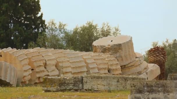 Bitar av enorma korintiska kolumn på marken på gammalt Zeus tempel i Grekland — Stockvideo