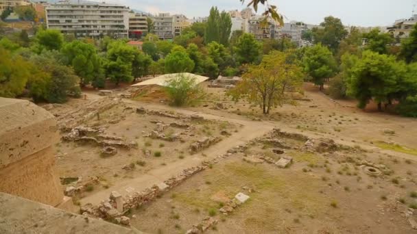 Archéologie site de fouilles panorama, vestiges de bâtiments en pierre, patrimoine culturel — Video