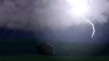 Grev vadi evde yalnız ülke, fırtına ses ile yukarıda büyük yıldırım cıvata. Işık yanıp söner karanlık gökyüzü, bulutlar rüzgarda aydınlatmak. Felaket fırtına çiftçilere ev ciddi hasara neden olur