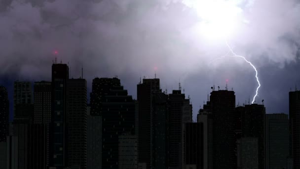 Violent thunderstorm breaks over megalopolis at night, lightning bolt with sound. Big city skyline illuminated with flashing lights, clouds move with the wind above city skyscrapers. Natural disaster — Stock Video