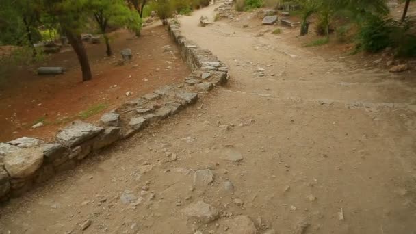 Antiguo camino pedregoso a través del parque a la ciudad moderna, la decadencia de la antigua infraestructura — Vídeos de Stock